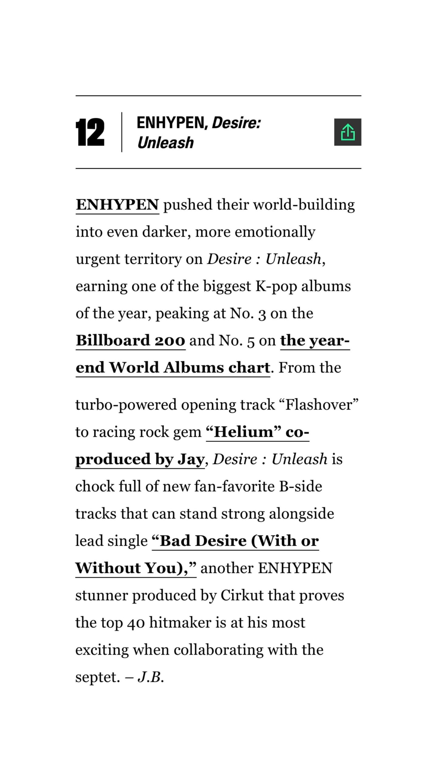 251219 ‘DESIRE : UNLEASH’ by ENHYPEN ranks 12nd at The Billboard Best K-Pop Albums of 2025: Staff picks