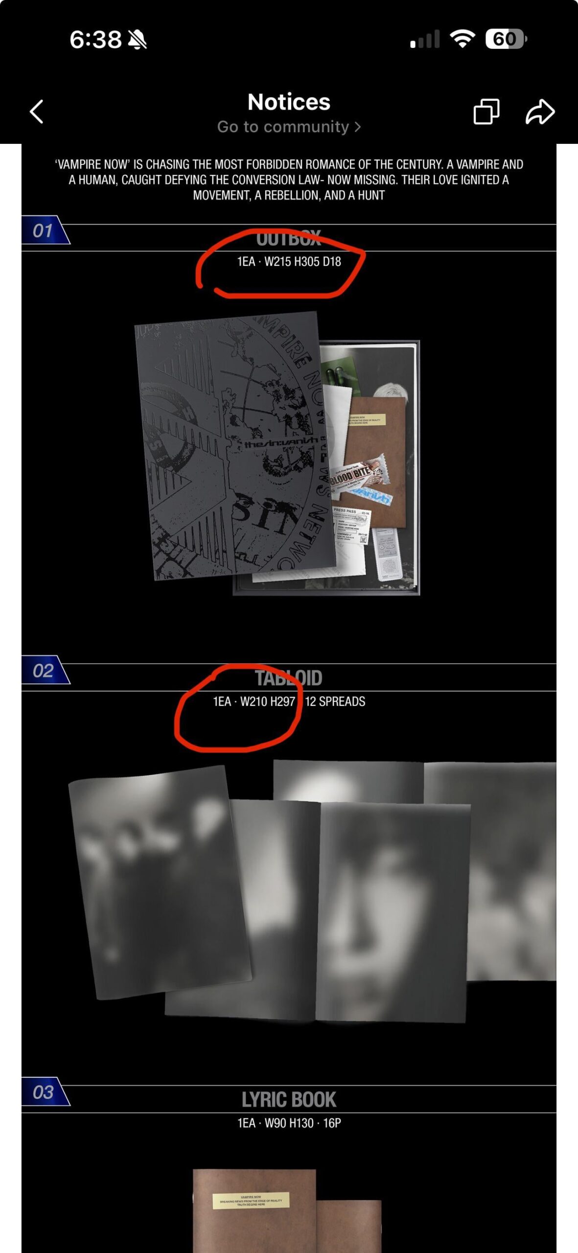 What unit of measurement do they use on the official album descriptions?