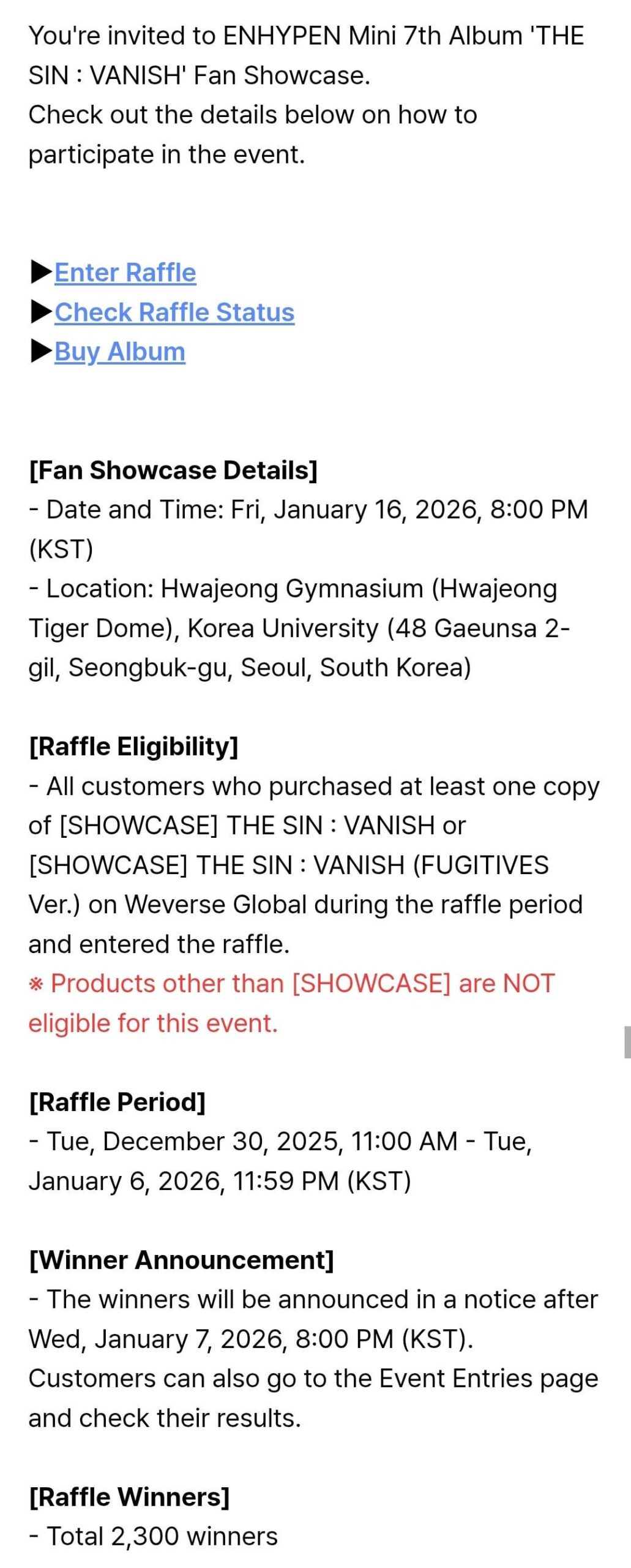 251230 [Notice] ENHYPEN 'THE SIN : VANISH' Pre-order Customers Fan Showcase Event