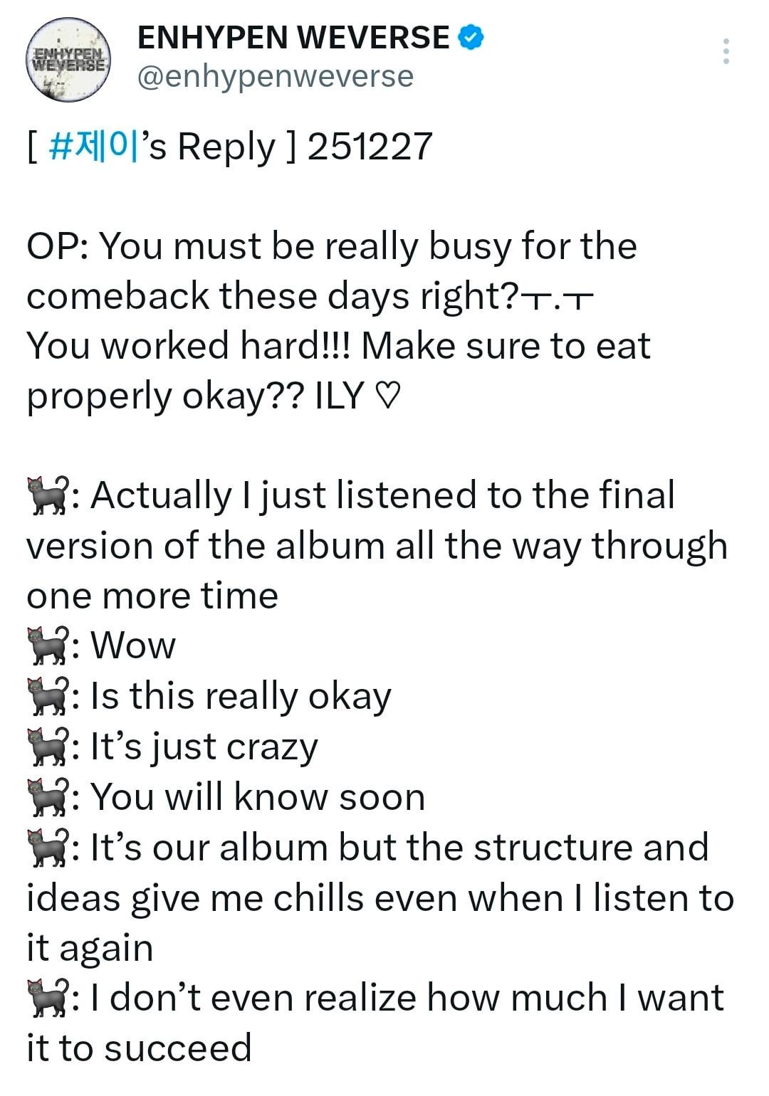 Jay's comments on Weverse about the new album