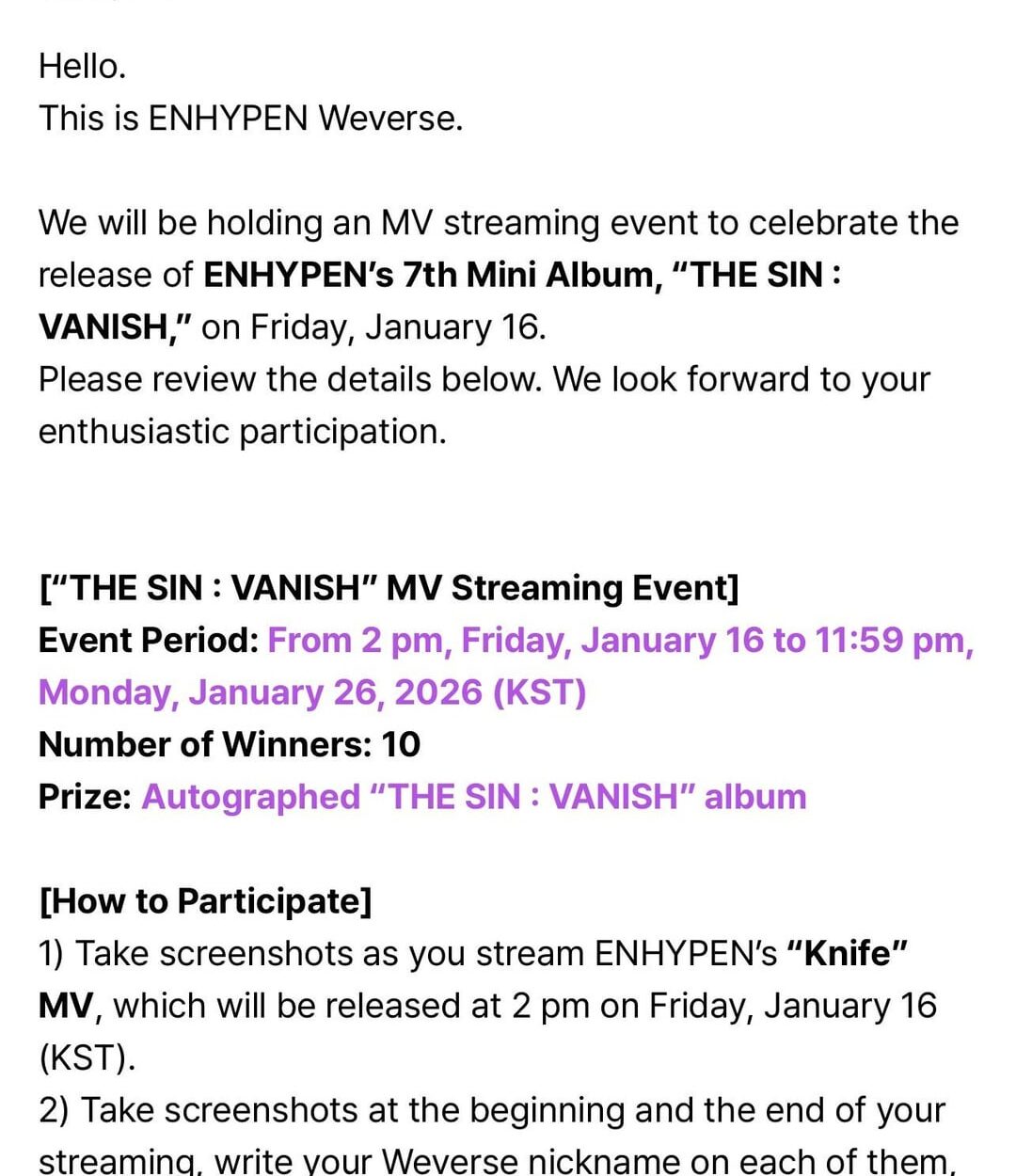 260116 [NOTICE] MV Streaming Event in Celebration of the Release of ENHYPEN’s “THE SIN : VANISH”