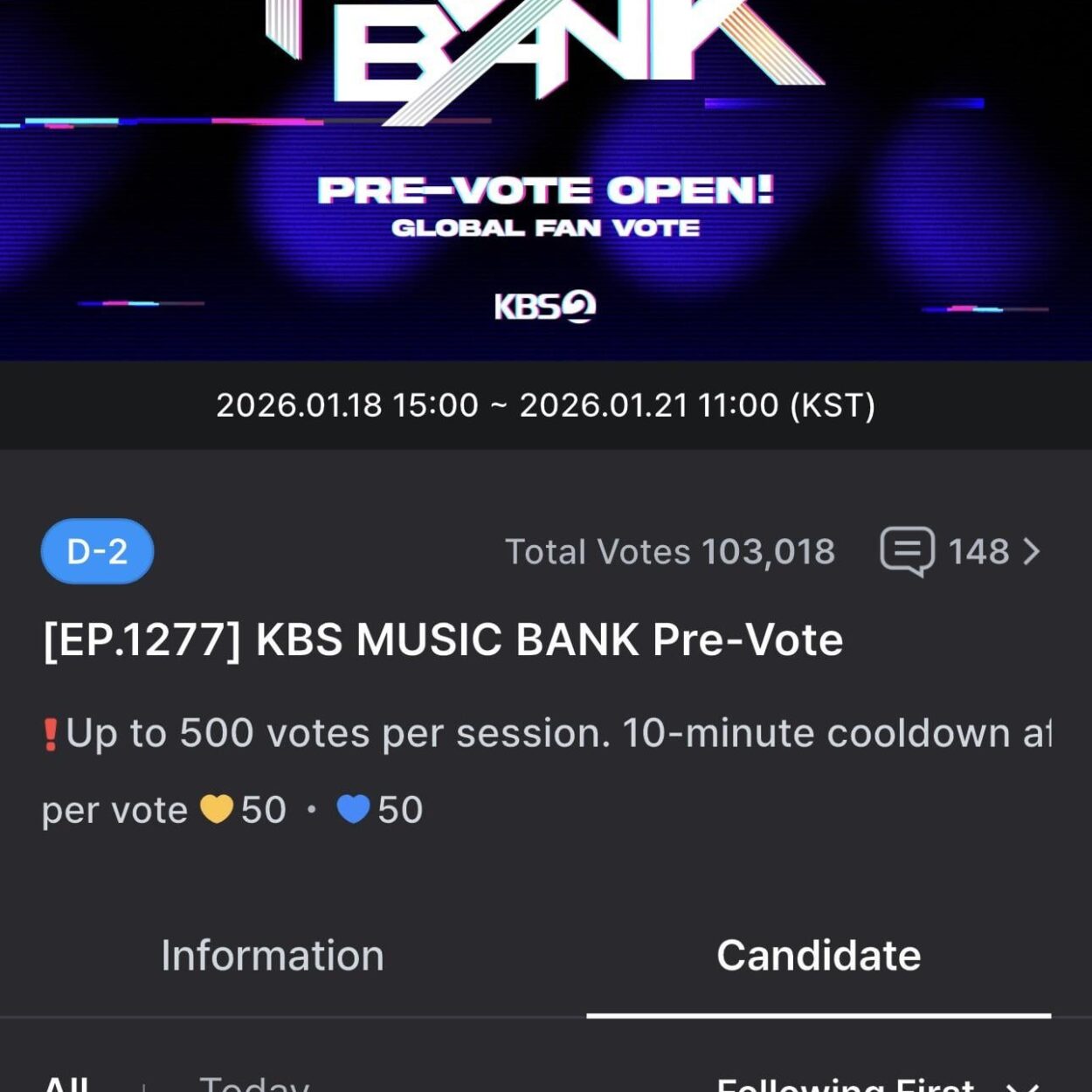 260118 PRE-VOTE for KNIFE on Music Bank is now open on FANCAST until January 21, 11am KST