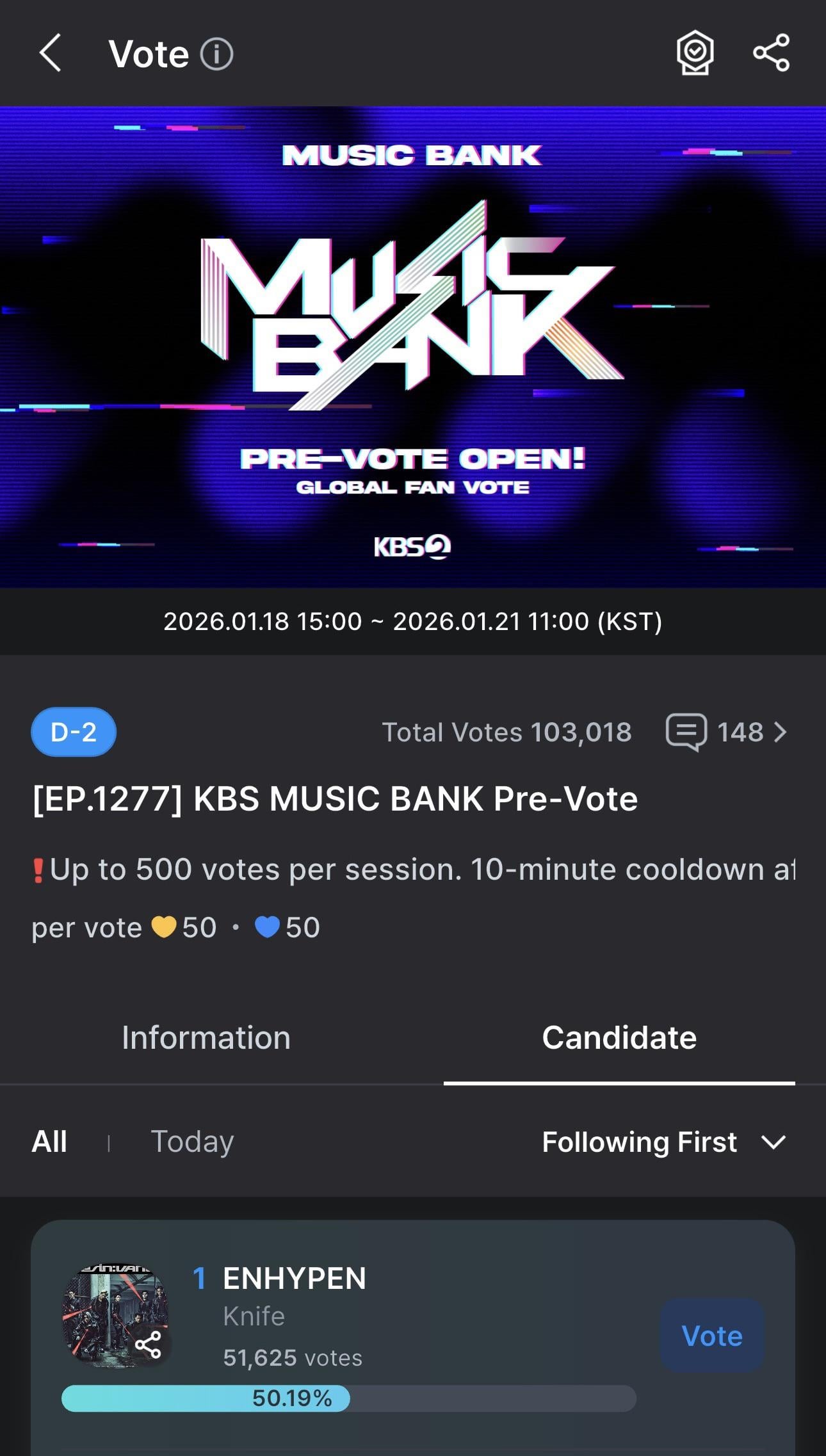 260118 PRE-VOTE for KNIFE on Music Bank is now open on FANCAST until January 21, 11am KST