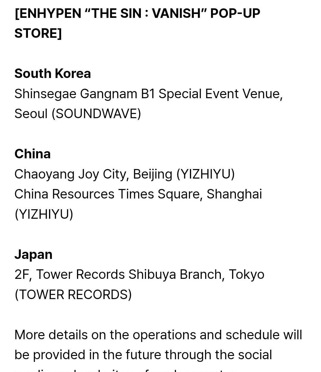 260119 [NOTICE] Information on the ENHYPEN “THE SIN : VANISH” POP-UP STORE in Three Countries