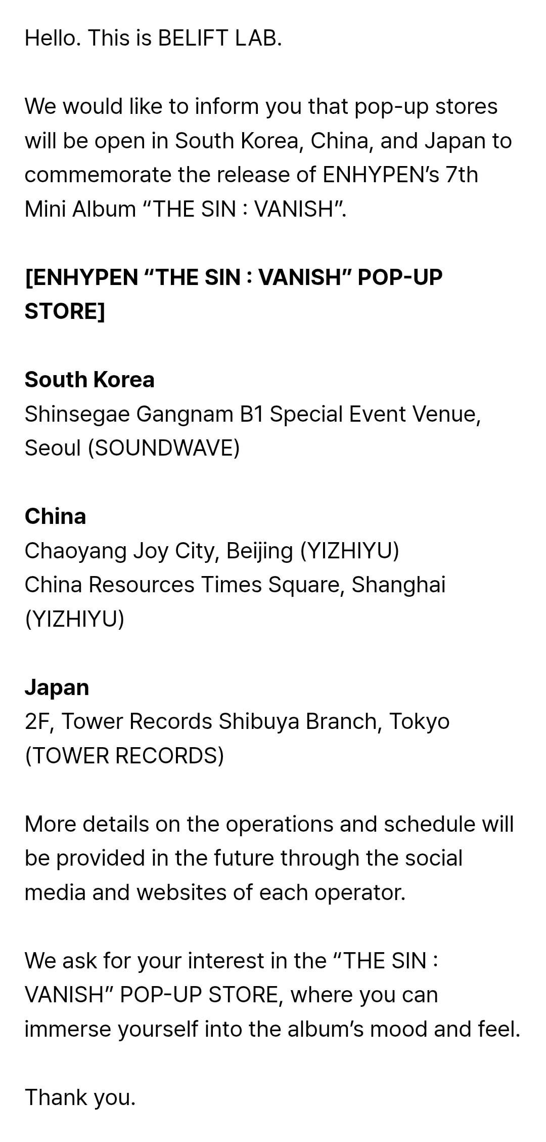 260119 [NOTICE] Information on the ENHYPEN “THE SIN : VANISH” POP-UP STORE in Three Countries
