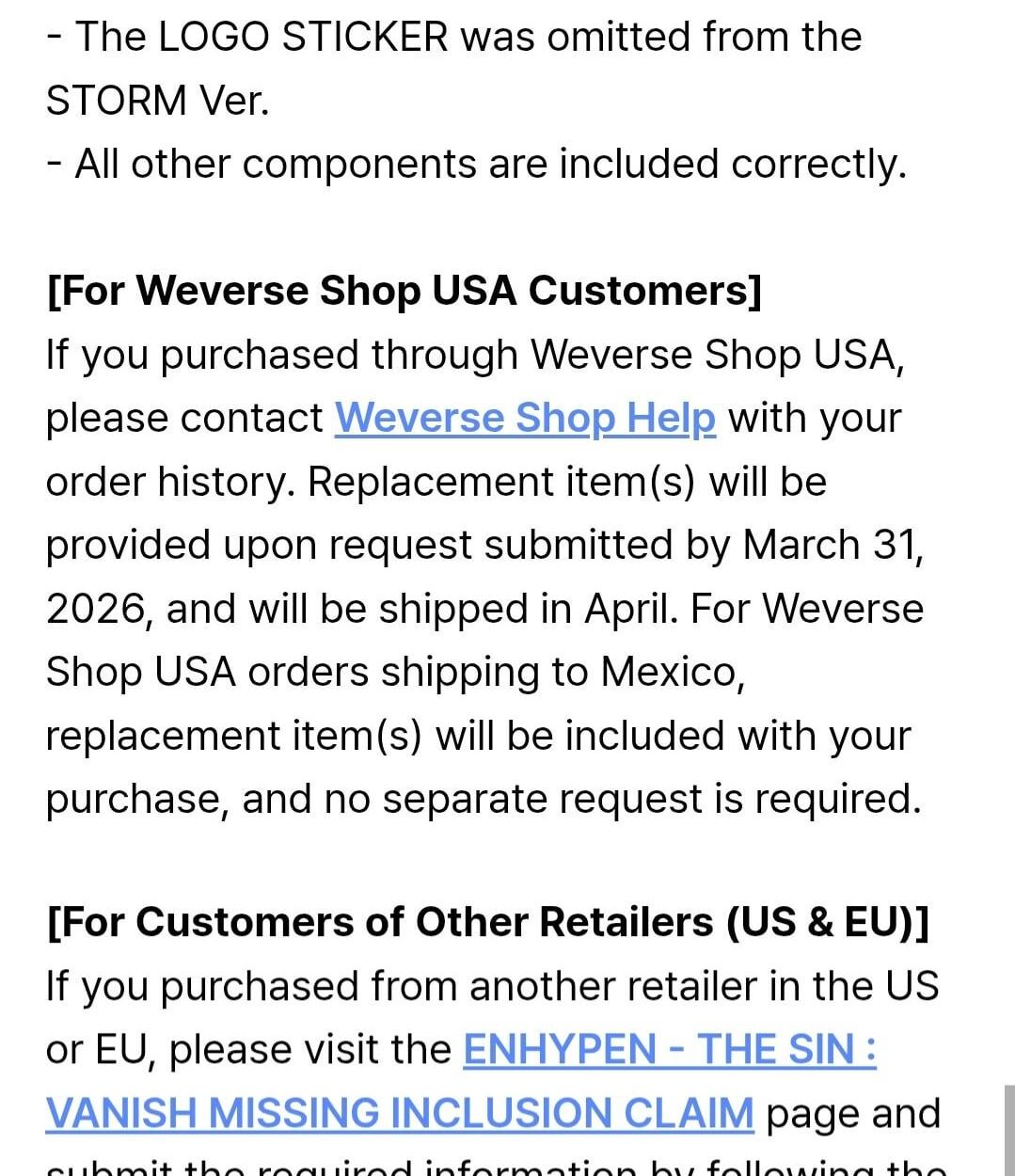 260115 [Notice] Component Packaging Error for ENHYPEN 'THE SIN : VANISH' (FORBIDDEN & STORM Ver.)