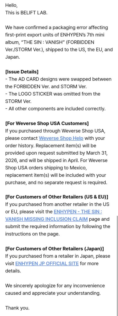 260115 [Notice] Component Packaging Error for ENHYPEN 'THE SIN : VANISH' (FORBIDDEN & STORM Ver.)