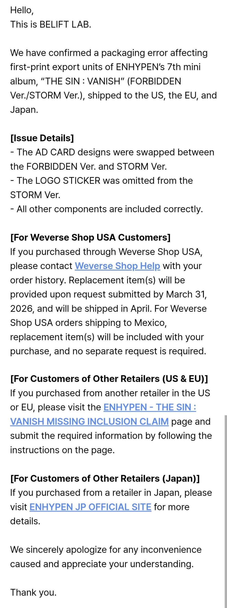 260115 [Notice] Component Packaging Error for ENHYPEN 'THE SIN : VANISH' (FORBIDDEN & STORM Ver.)