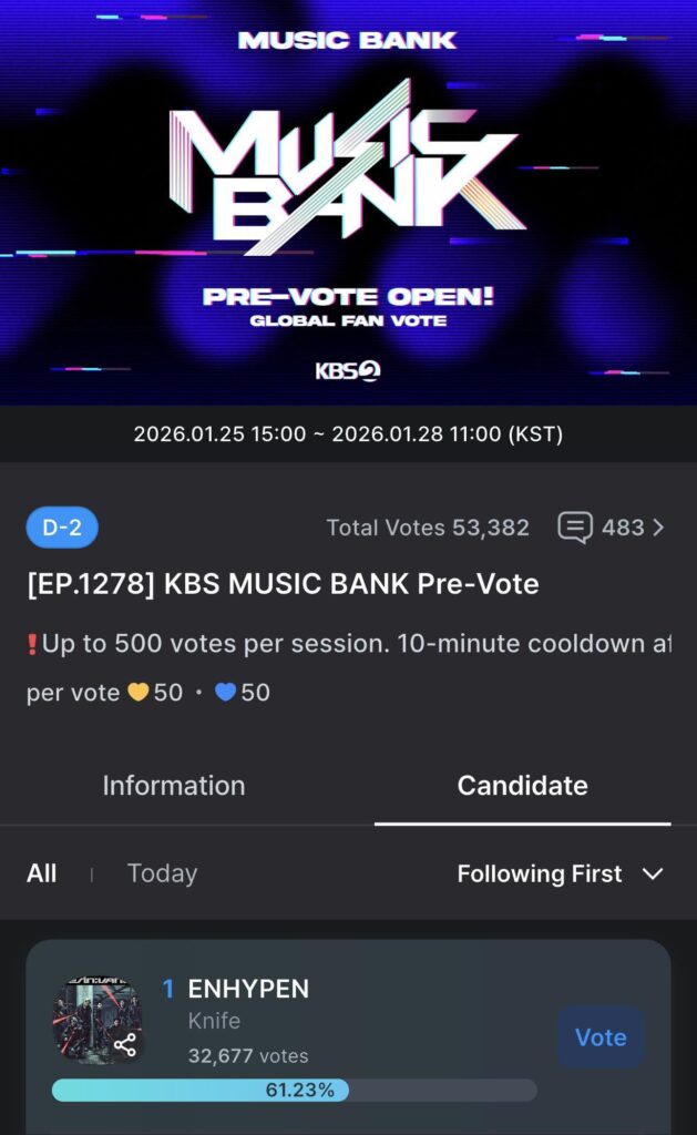 260125 PRE-VOTE for KNIFE on Music Bank is now open on FANCAST until January 28, 11am KST