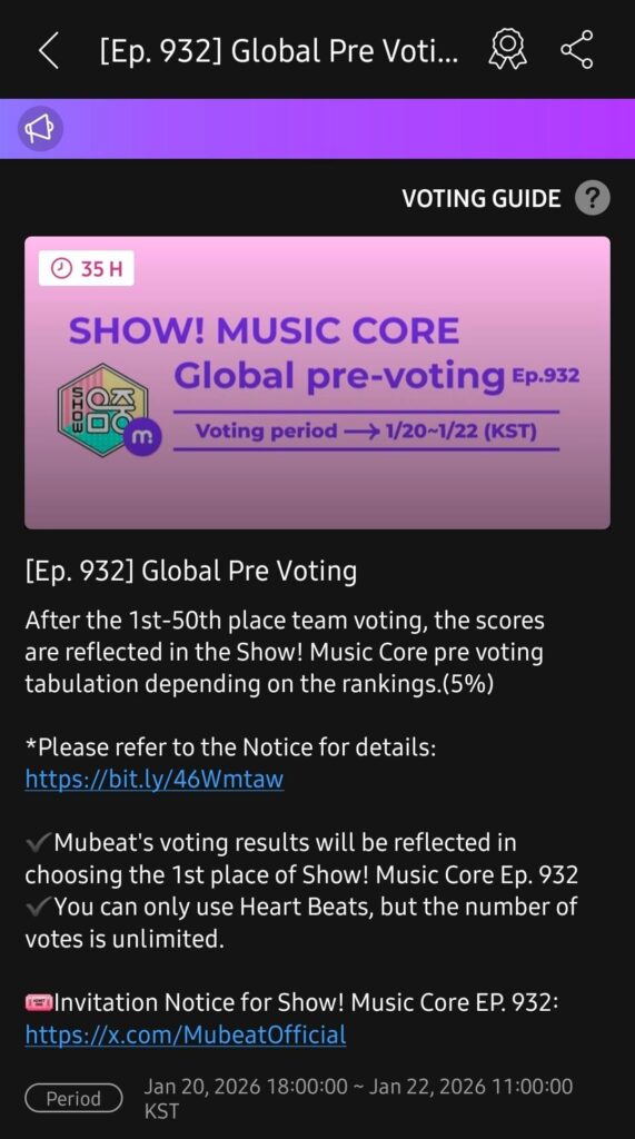 260120 SHOW! MUSIC CORE PRE-VOTE is now open on Mubeat until January 22