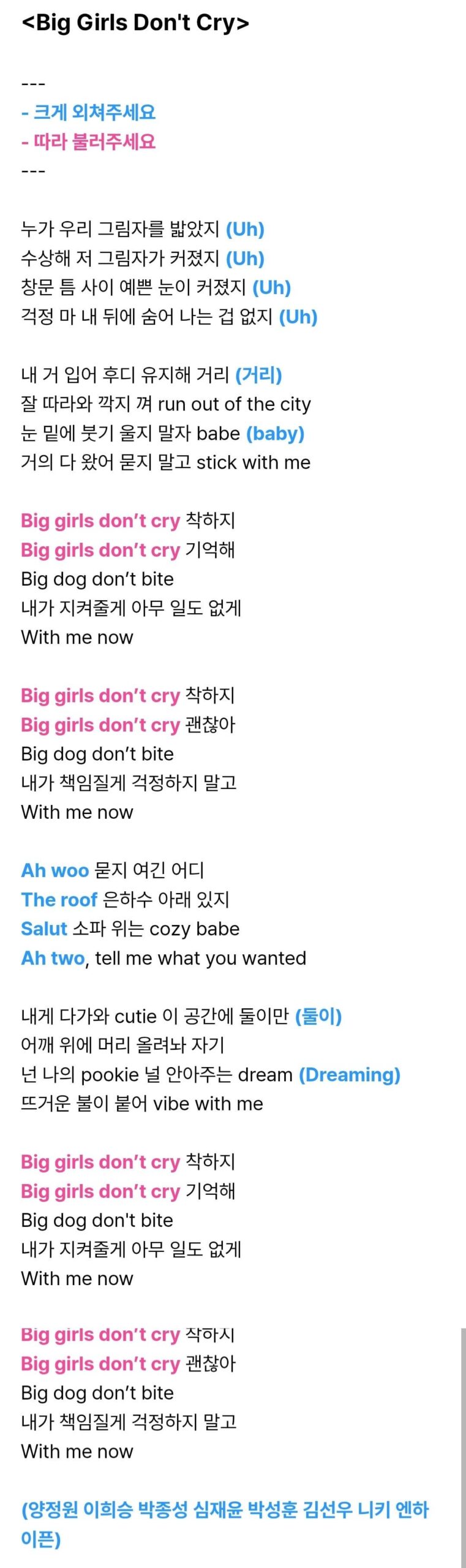 260119 'Big Girls Don't Cry' Fanchant Guide