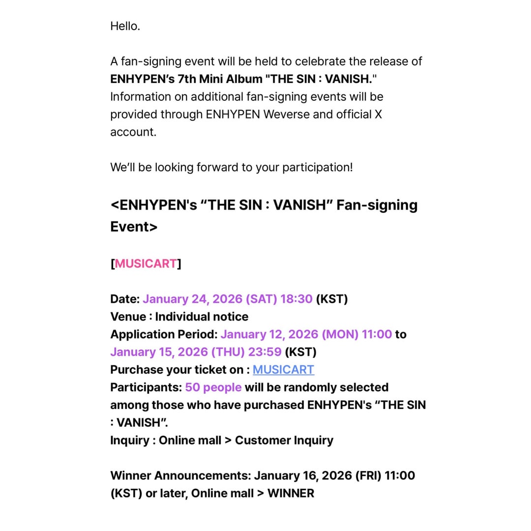 260112 [NOTICE] ENHYPEN ‘THE SIN : VANISH’ Release Fan-signing Event Information (MUSICART)
