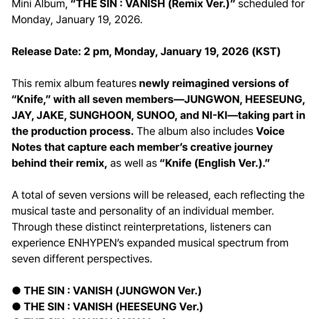 260119 [NOTICE] ENHYPEN “THE SIN: VANISH (Remix Ver.)” Release