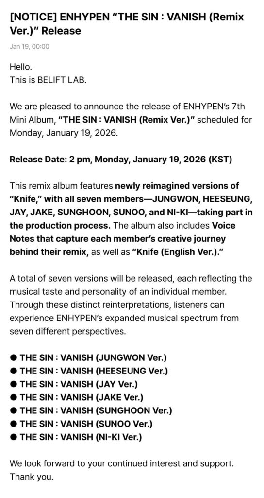 260119 [NOTICE] ENHYPEN “THE SIN: VANISH (Remix Ver.)” Release