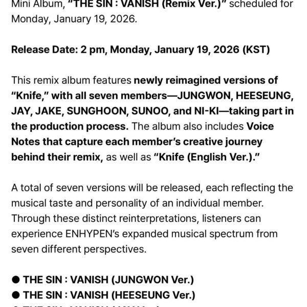 260119 [NOTICE] ENHYPEN “THE SIN: VANISH (Remix Ver.)” Release