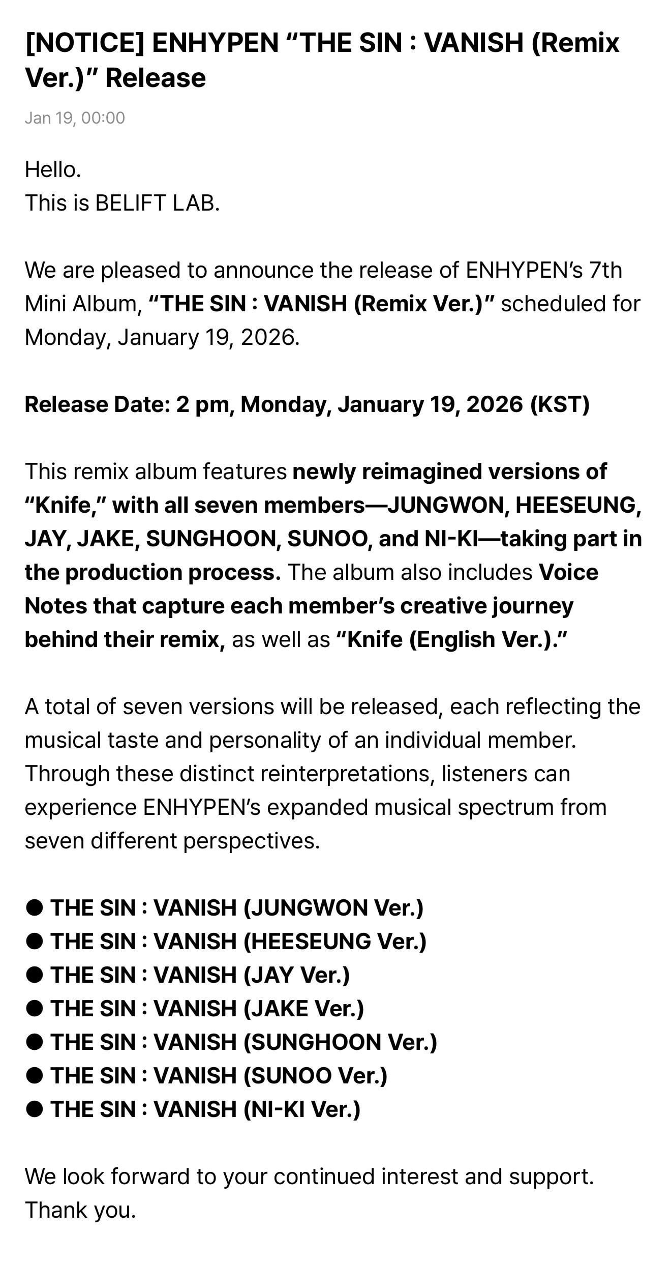 260119 [NOTICE] ENHYPEN “THE SIN: VANISH (Remix Ver.)” Release