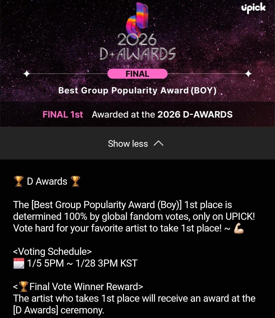 260105 Voting for Final round of '2026 D Awards' Best Group Popularity Award is now open on Upick until January 28