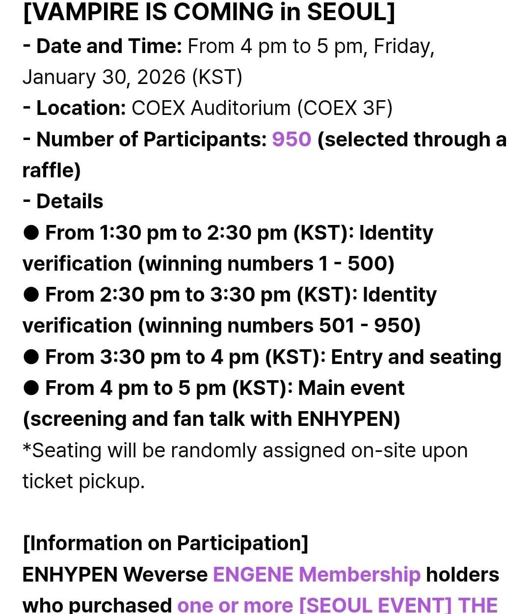 260120 [NOTICE] Application Information for ENHYPEN “VAMPIRE IS COMING in SEOUL”