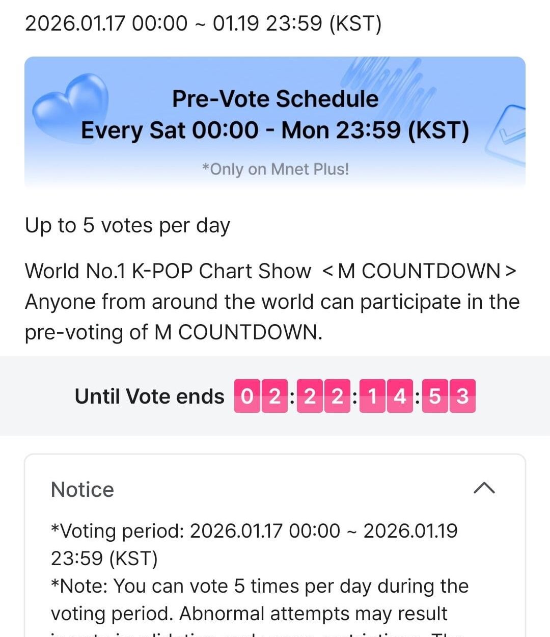 260117 PRE-VOTE for KNIFE on M Countdown is now open on Mnet Plus until January 19