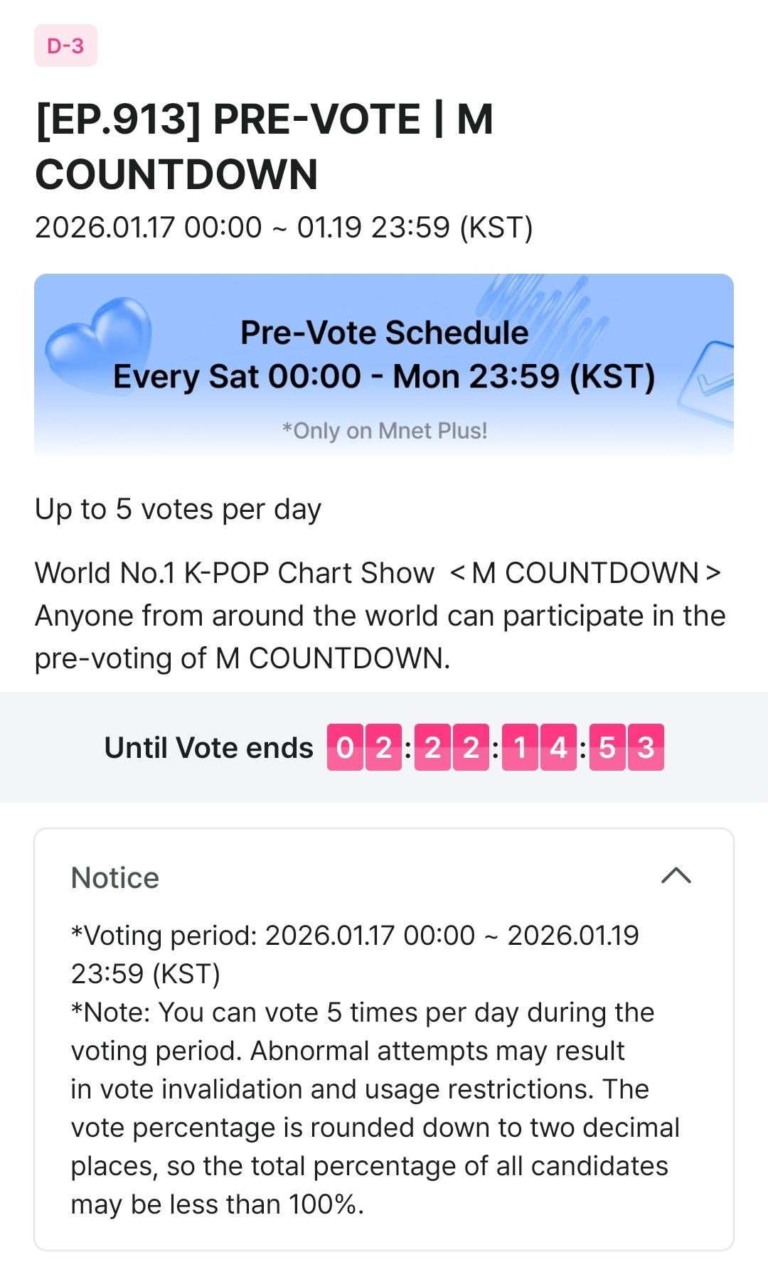 260117 PRE-VOTE for KNIFE on M Countdown is now open on Mnet Plus until January 19