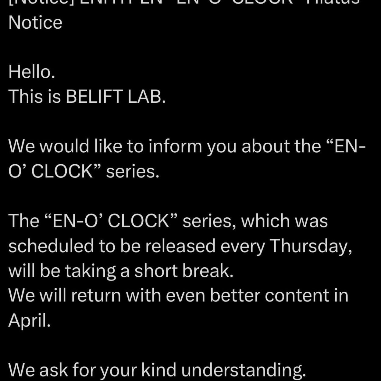 260312 ENHYPEN OFFICIAL Twitter/X update @ ENHYPEN “EN-O’ CLOCK” Hiatus Notice