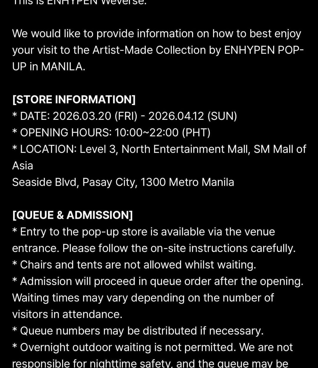 260316 [NOTICE] Artist-Made Collection by ENHYPEN POP-UP in MANILA T&C
