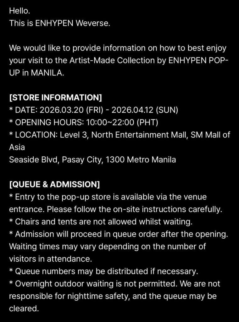 260316 [NOTICE] Artist-Made Collection by ENHYPEN POP-UP in MANILA T&C