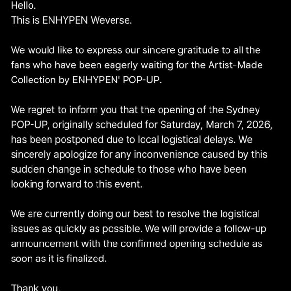 260306 [NOTICE] Postponement of Artist-Made Collection by ENHYPEN POP-UP in SYDNEY Opening
