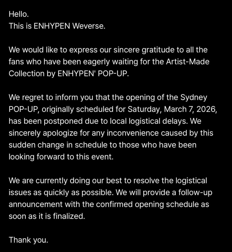 260306 [NOTICE] Postponement of Artist-Made Collection by ENHYPEN POP-UP in SYDNEY Opening