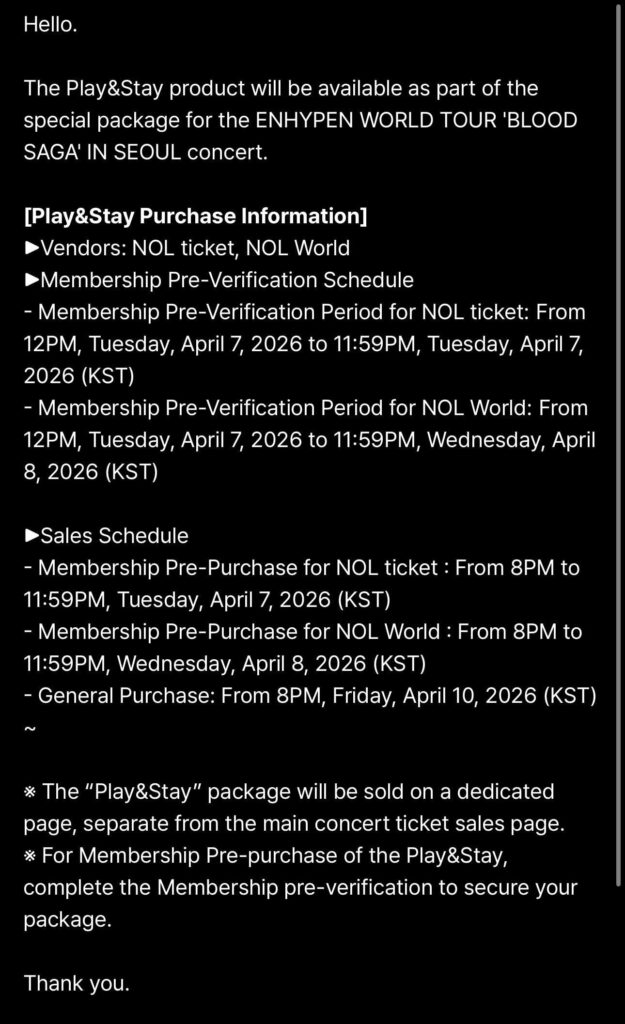 260403 [NOTICE] ENHYPEN WORLD TOUR 'BLOOD SAGA' IN SEOUL Reservation Package Play&Stay Now Open