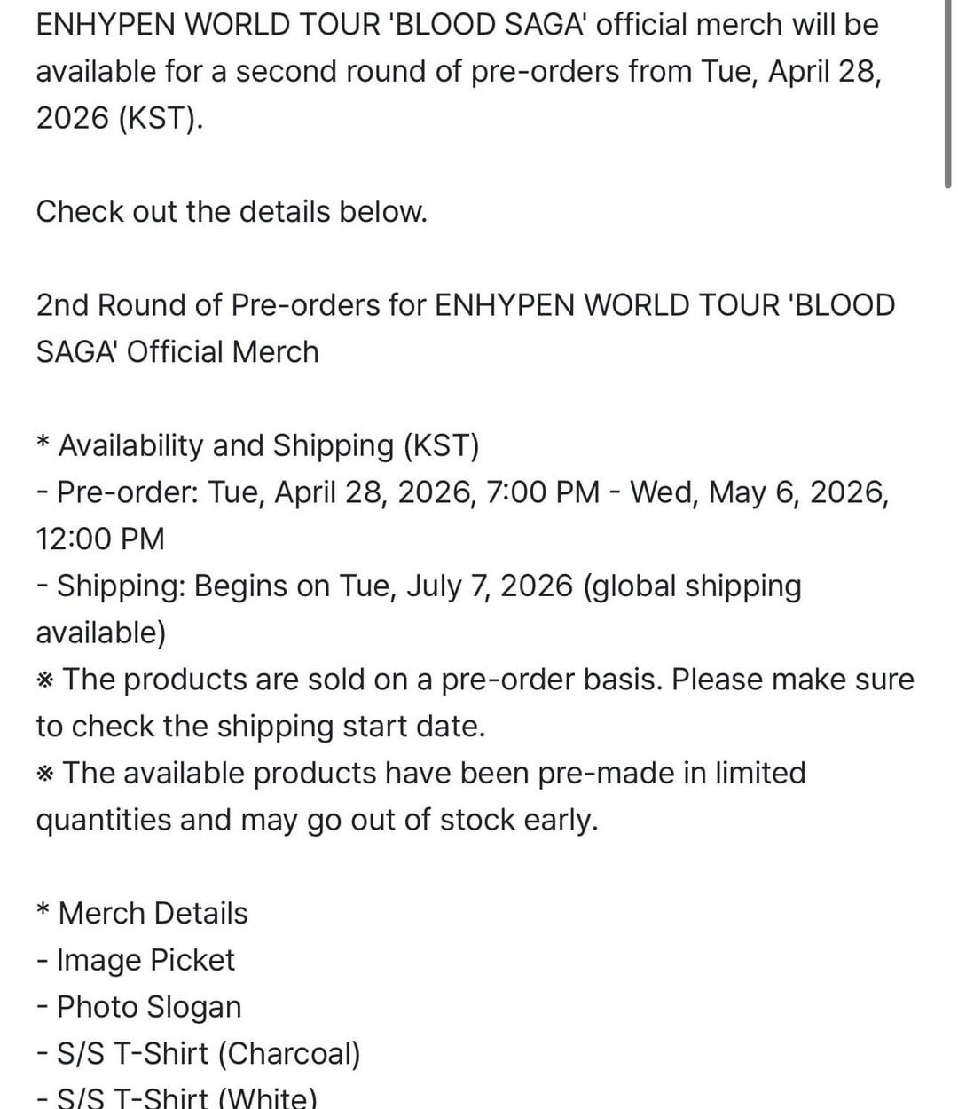 260428 [Weverse Global] 2nd Round of Pre-orders for ENHYPEN WORLD TOUR 'BLOOD SAGA' Official Merch