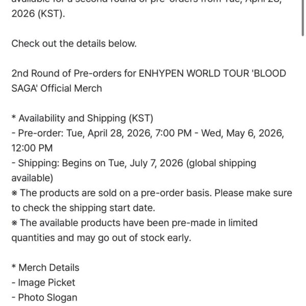 260428 [Weverse Global] 2nd Round of Pre-orders for ENHYPEN WORLD TOUR 'BLOOD SAGA' Official Merch