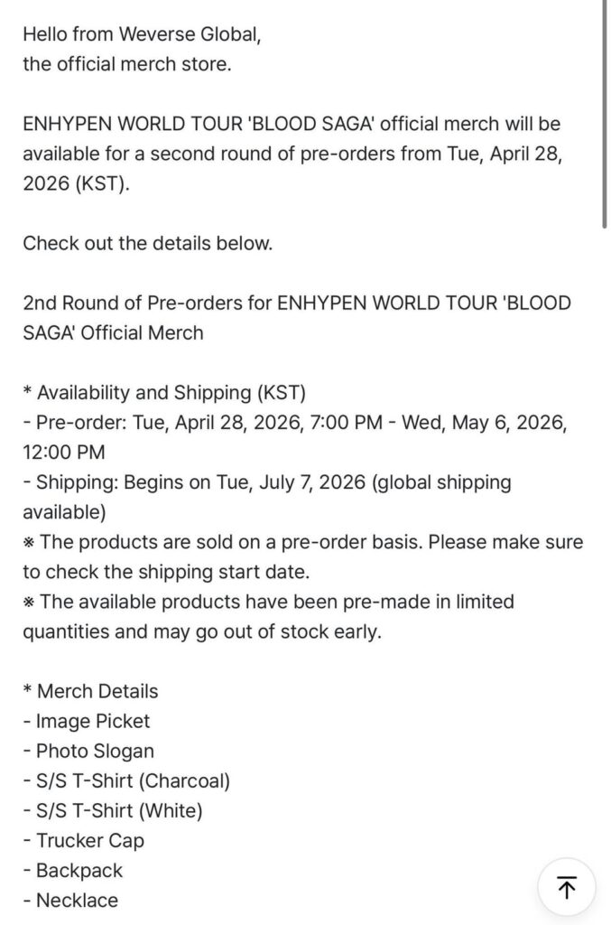 260428 [Weverse Global] 2nd Round of Pre-orders for ENHYPEN WORLD TOUR 'BLOOD SAGA' Official Merch
