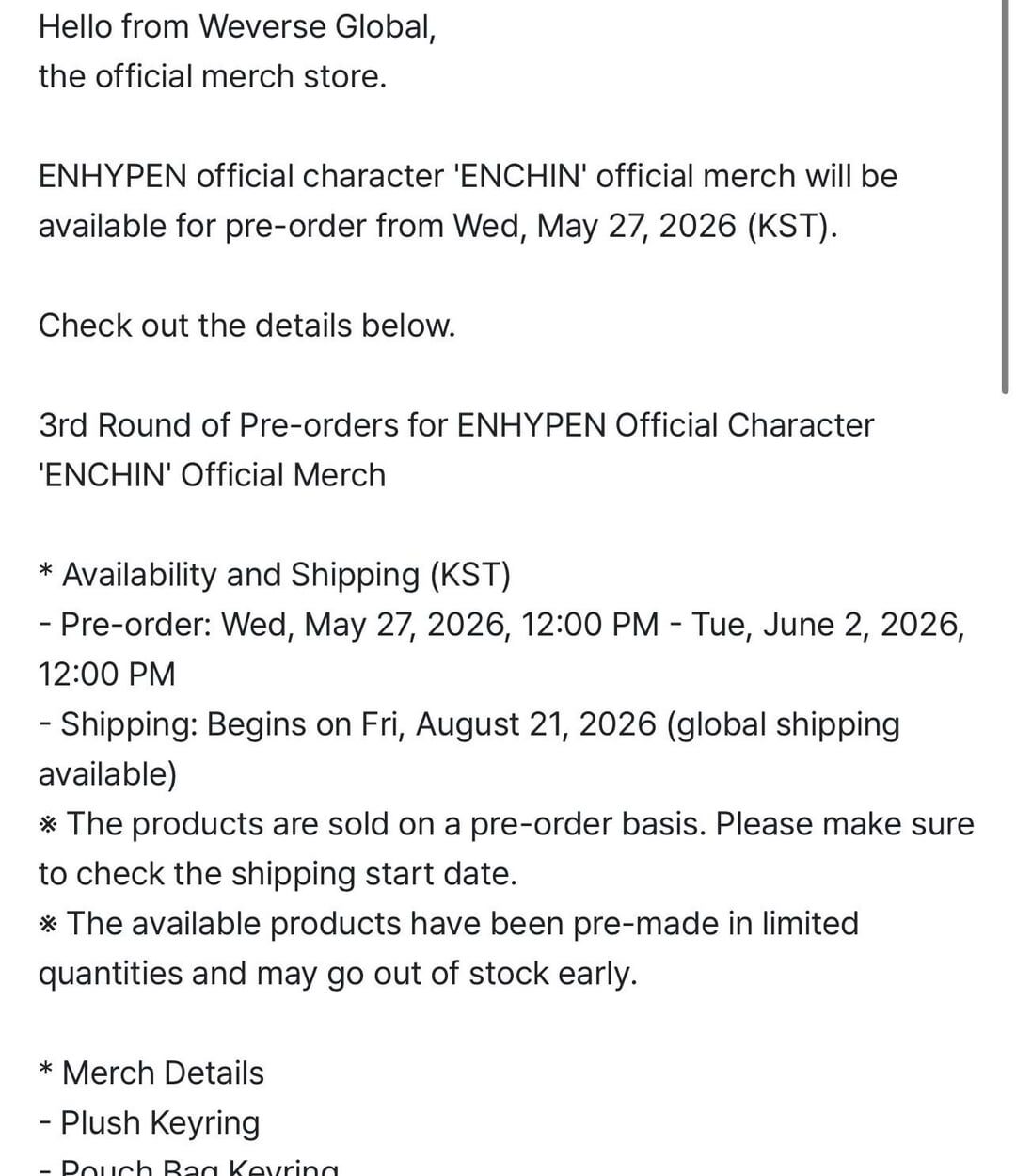 260527 [Weverse Global] 3rd Round of Pre-orders for ENHYPEN Official Character 'ENCHIN' Official Merch