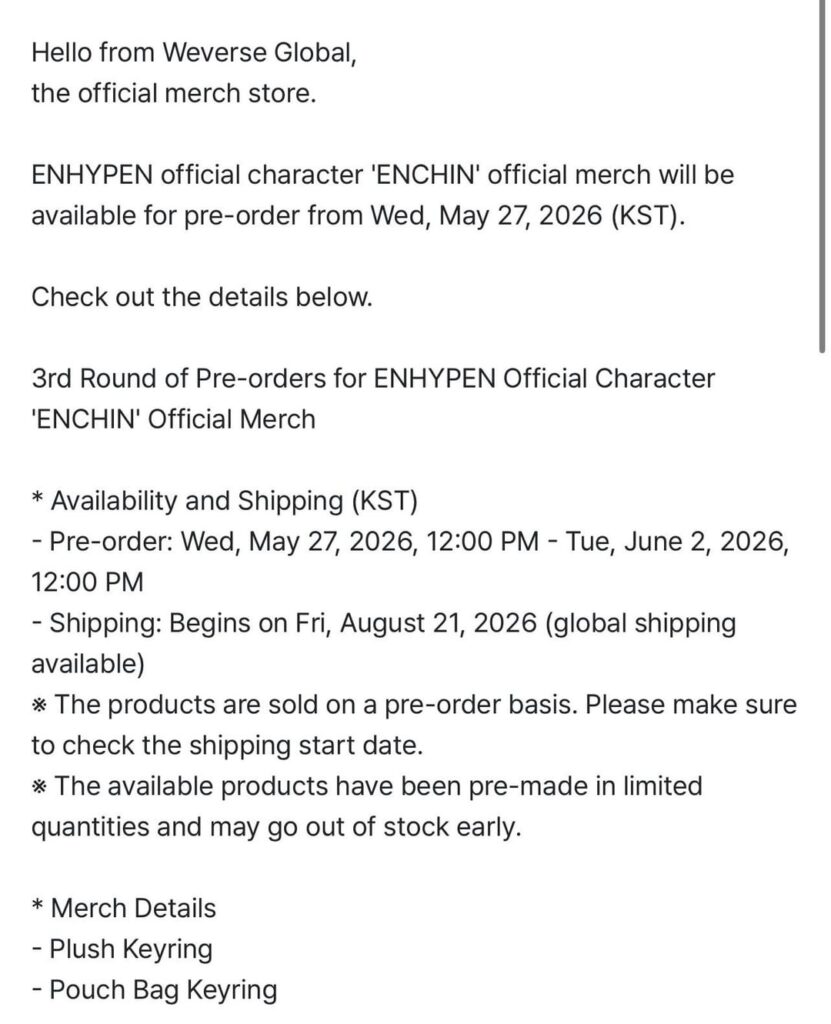 260527 [Weverse Global] 3rd Round of Pre-orders for ENHYPEN Official Character 'ENCHIN' Official Merch