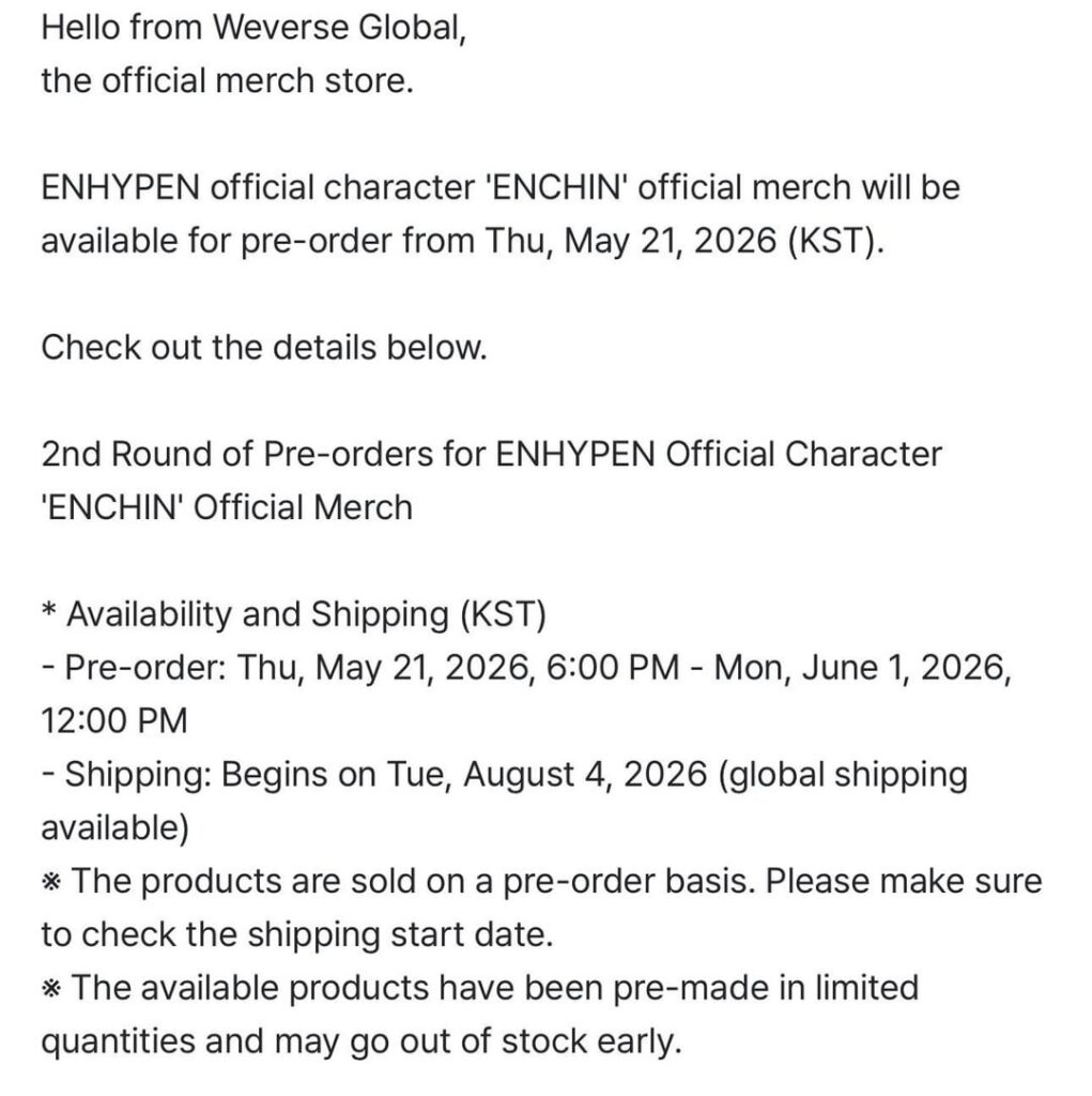 260521 [Weverse Global] 2nd Round of Pre-orders for ENHYPEN Official Character 'ENCHIN' Official Merch