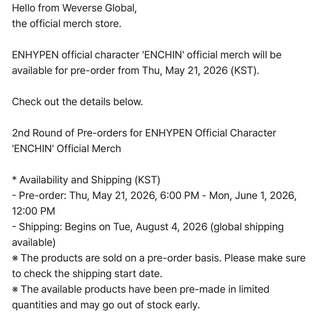 260521 [Weverse Global] 2nd Round of Pre-orders for ENHYPEN Official Character 'ENCHIN' Official Merch
