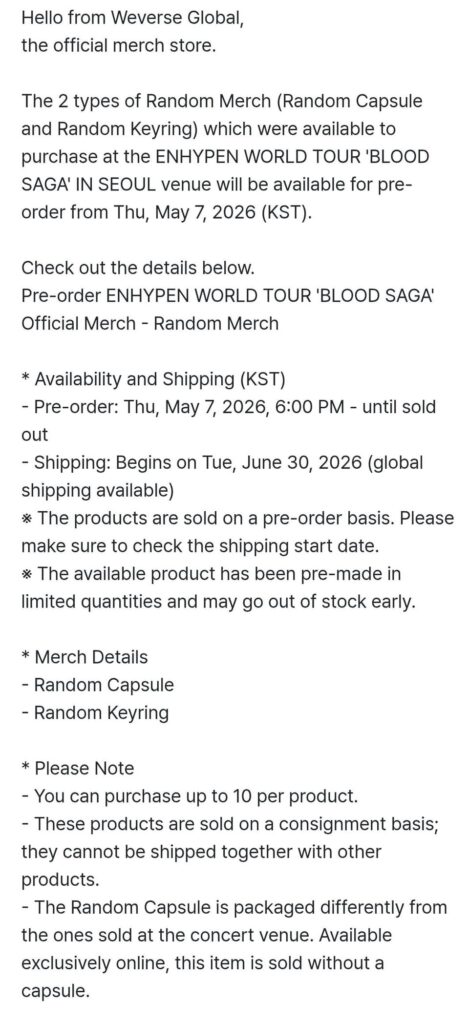 260507 Pre-order ENHYPEN WORLD TOUR 'BLOOD SAGA' Official Merch - Random Merch
