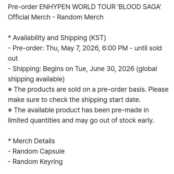 260507 Pre-order ENHYPEN WORLD TOUR 'BLOOD SAGA' Official Merch - Random Merch