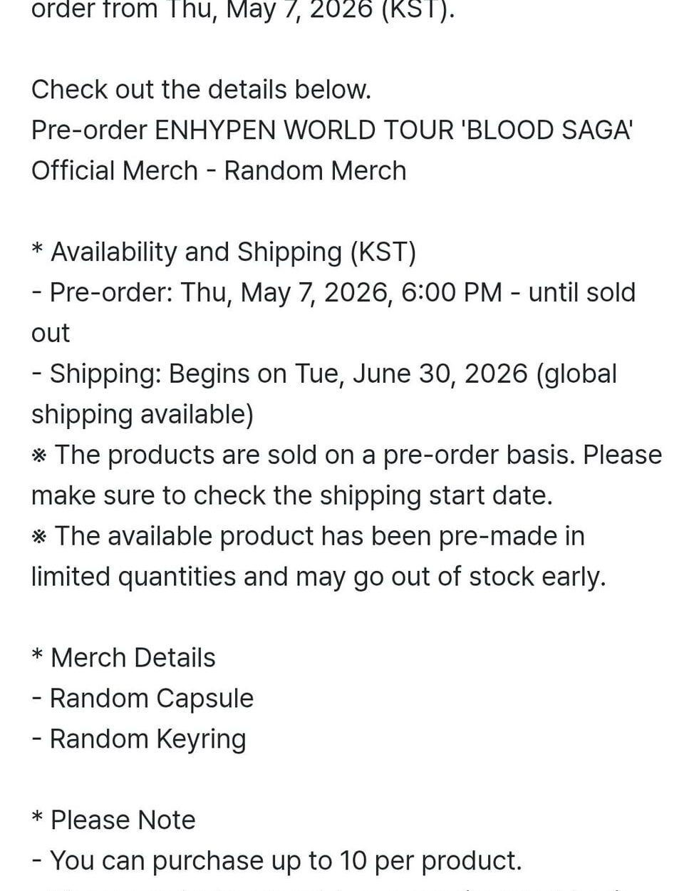 260507 Pre-order ENHYPEN WORLD TOUR 'BLOOD SAGA' Official Merch - Random Merch